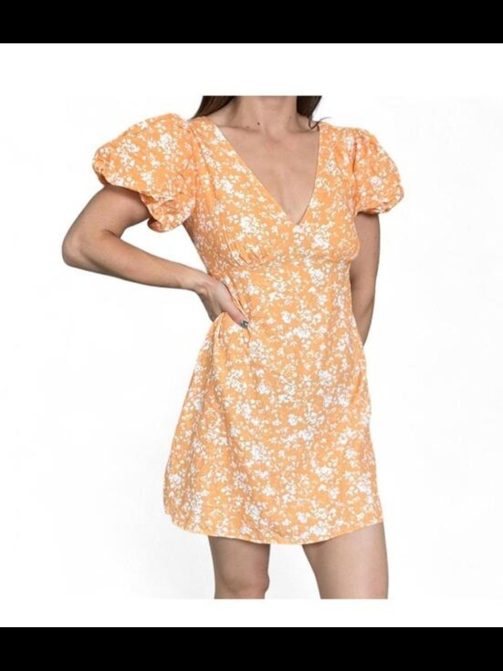 Jessica Simpson Peach Floral Puff-Sleeve Mini Dress